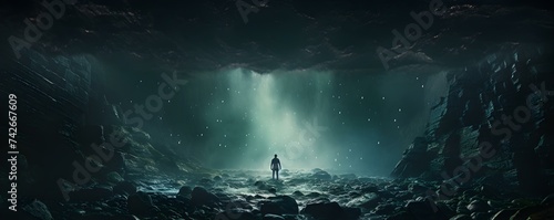 Fotografie, Obraz Man standing in eerie sea cave conjuring unsettling dark fantasy imagery