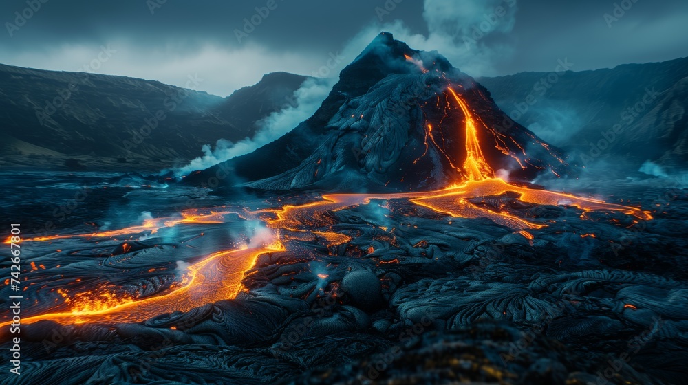Dramatic night scene of an active volcano erupting, with glowing lava flow illustrating the raw power of nature.