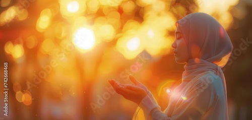muslim young woman prayer with hijab. behind blur mosque background concept for islamic ramadan, eid mubarak, life and soul fasting with copy space