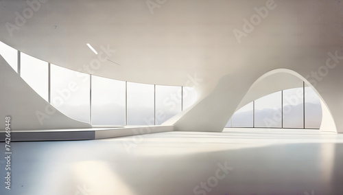 Lichtdurchfluteter großer weißer heller Moderner design Raum mit glas front und weitblick