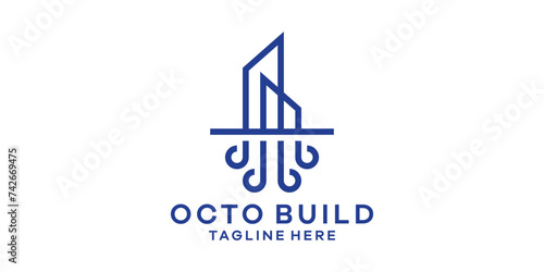 logo design combining the shape of an octopus with a building, simple logo design, template, idea.