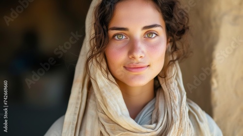 Young woman in arab shawl. A woman is looking at the camera. The veiled woman. Biblical character.