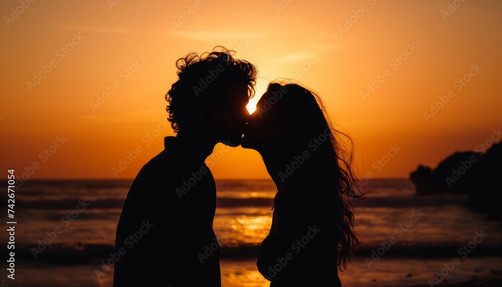 Silhouette of two lovers kissing passionately under the golden sunset sky, passionate kiss pic
