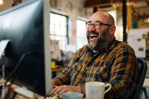 Middle-Aged Man Experiencing Joy While Working on Computer in Creative Office