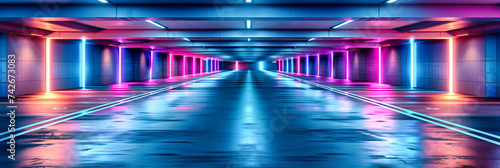Illuminated Neon Tunnel, Futuristic Interior Design, Vibrant Blue and Pink Lights, Abstract Urban Space © Jahid