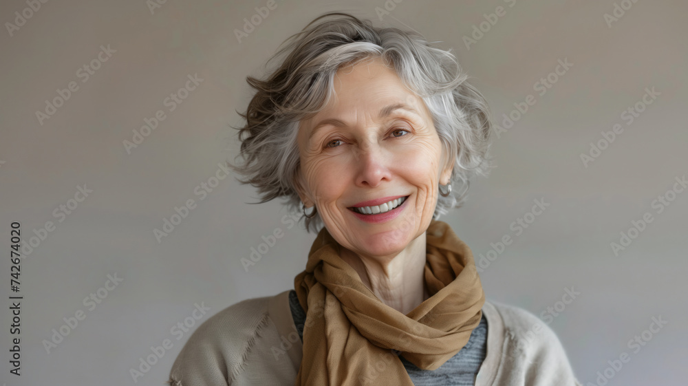 Elderly smiling woman on gray background Elderly smiling woman on gray background