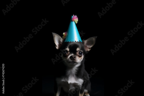 chihuahua puppy wearing a birthday hat
