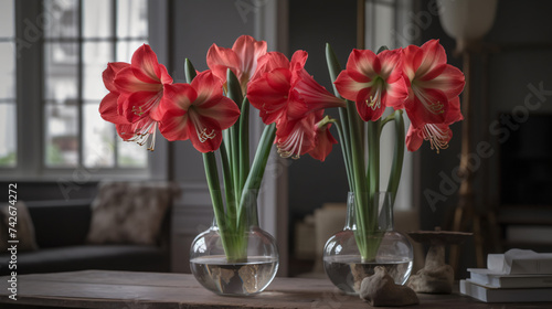 hyper-realistic images of Amaryllis blooms reflecting in modern glass vases. Frame the composition to showcase the contemporary aesthetics and clean lines, creating a visually pleasing and sophisticat