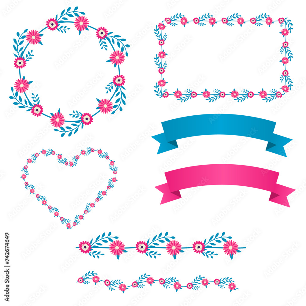 Vector illustration of flower wreath frame and flower decoration set. Vector illustration of flower wreath frame and flower decoration set.