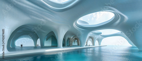 Ice hotel interior with stunning sculptures and blue lighting, offering a unique travel experience in a frozen, artistic setting