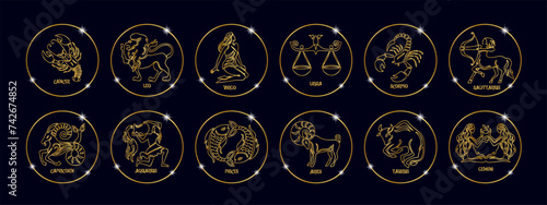 Set of zodiac signs in golden shiny circles. Golden design on a black background. Icons, templates, vector
