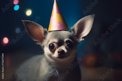 chihuahua puppy with birthday cap