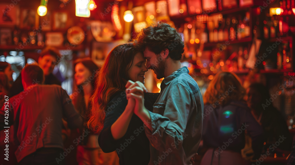 The couple are dancing in a pub to the music of a live band. The couple young, The couple in the foreground with the band in the background, The photo convey a sense of love, romance.