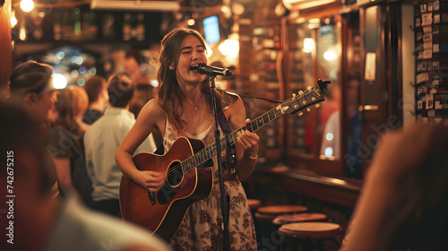 A young woman is singing and playing guitar in a pub with a crowd of people in the background. The woman wearing a dress, The pub crowded, The woman in the foreground with the pub in the background, photo