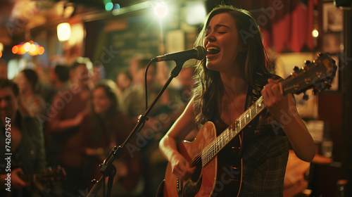 A young woman is singing and playing guitar in a pub with a crowd of people in the background. The woman wearing a dress, The pub crowded, The woman in the foreground with the pub in the background, photo