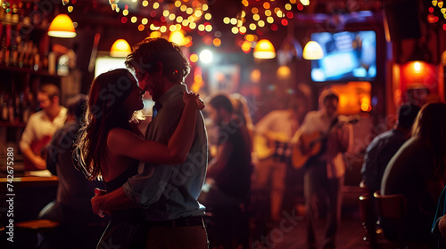 The couple are dancing in a pub to the music of a live band. The couple young, The couple in the foreground with the band in the background, The photo convey a sense of love, romance.
