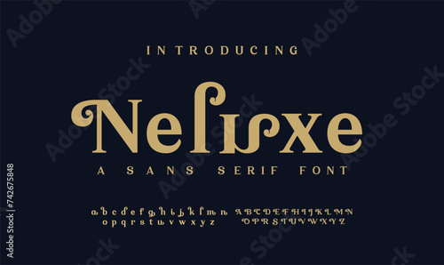 Nelisxe Creative modern alphabet. Dropped stunning font, type for futuristic logo, headline, creative lettering and maxi typography. Minimal style letters with yellow spot. Vector typographic desi
