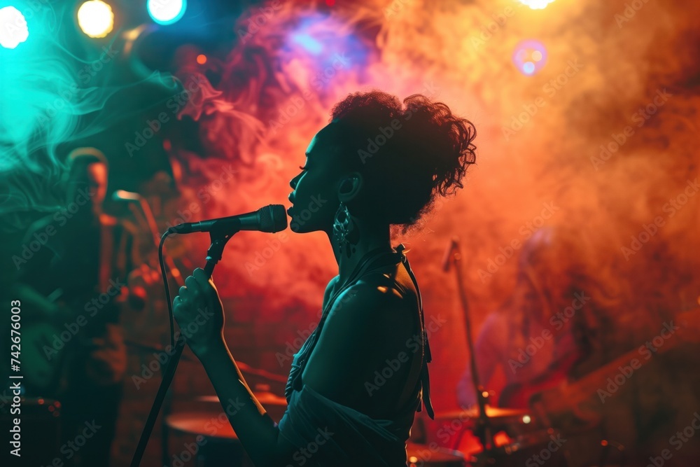 African female singer with curly hair, intense red and blue stage lights, smoke, band playing in smokey club