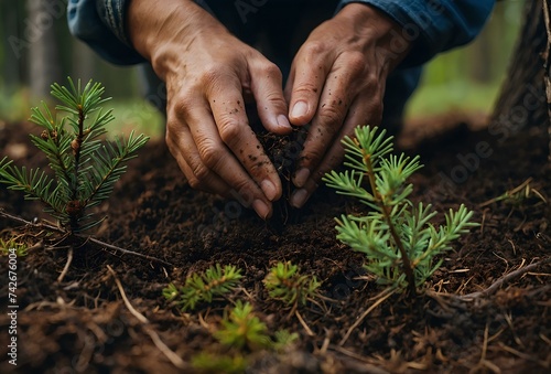 hands of a person planting a tree. replanting deforested forests
