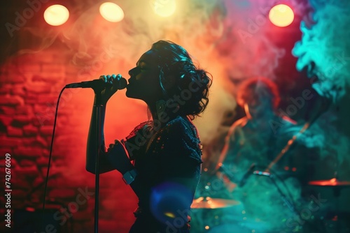 Woman singing on stage, colorful stage lights, band in background, vibrant concert atmosphere, copy space