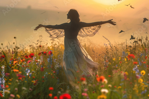 Woman with wings in sunny flower field, looks like fairy, birds flying, warm light