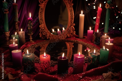 Lit candles of various colors around an ornate mirror, with twinkling lights and red fabric in the background.