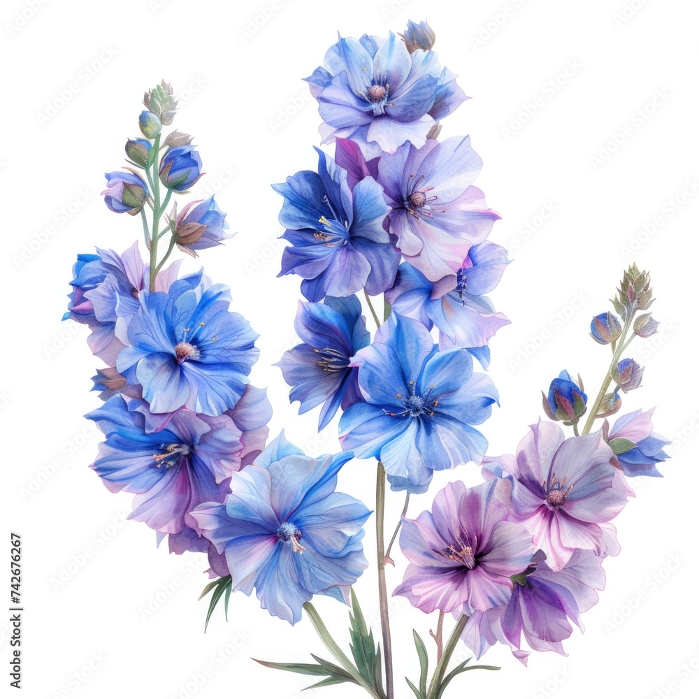 watercolor of delphinium bouquet, light-Blue light-purple on white background, detailed. ai generated