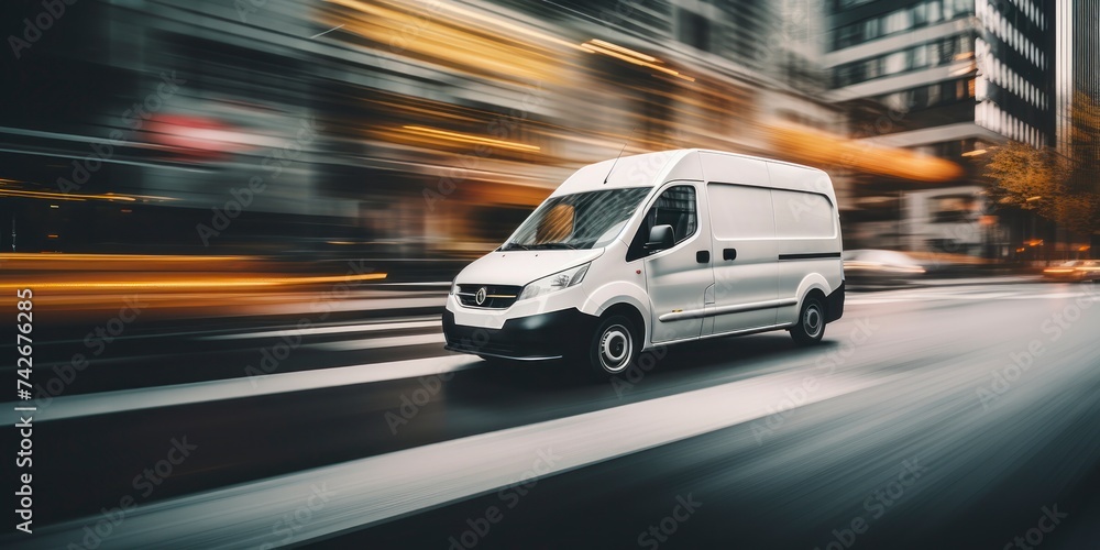 White commercial delivery van on the street with motion blur background White commercial delivery van on the street with motion blur background