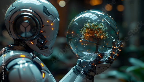 An Earth crystal glass globe ball and a tree held in a robot hand symbolize saving the environment, promoting a clean planet, and embracing ecology. This image represents the intersection of technolog