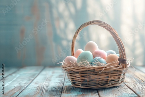 Easter wicker basket with pastel colorful eggs for festive holiday on wooden background. Greeting card with copy space.