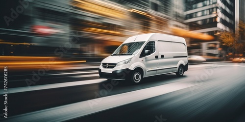 White commercial delivery van on the street with motion blur background © Voilla