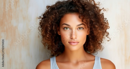 Mujer con rizos naturales, mirada serena