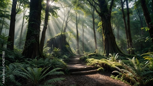 Following the winding path surrounded by vibrant greenery and sunshine peeking through the dense foliage  creating a magical ambiance.