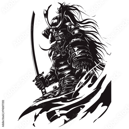 Silhouette of warrior with sword, vector illustration.