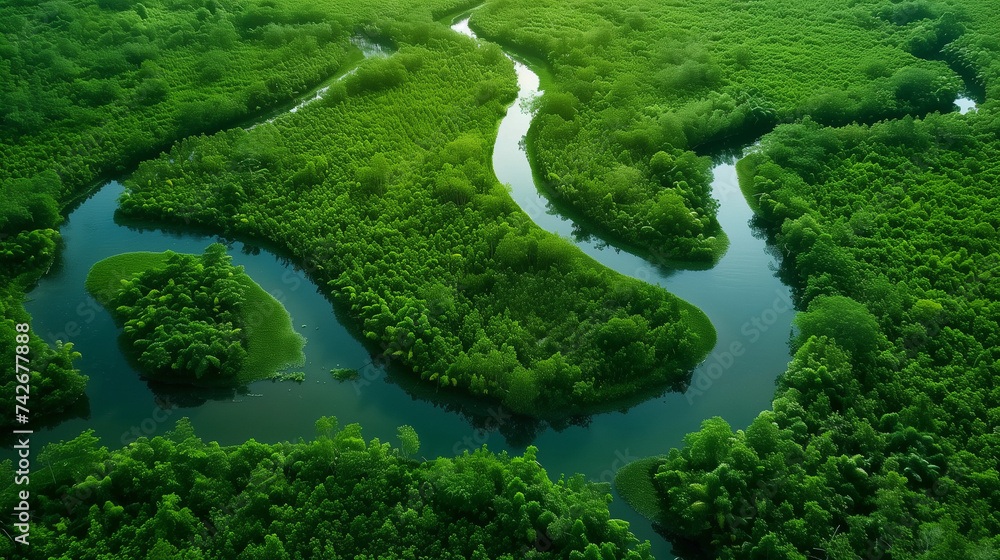 Aerial view of a winding river through lush green landscapes, celebrating the abundance and beauty of nature at the Summer Solstice Aerial view of a winding river through lush green landscapes, celebrating the abundance and beauty of nature at the Summer Solstice