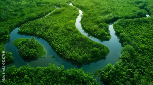 Aerial view of a winding river through lush green landscapes, celebrating the abundance and beauty of nature at the Summer Solstice