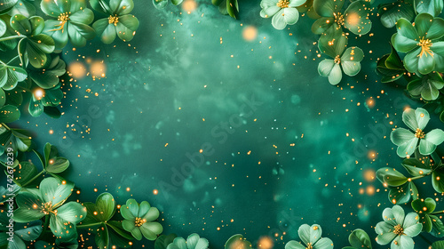 Serene green flowers bathed in mystic golden light, ethereal background. St Patrick's Day concept.