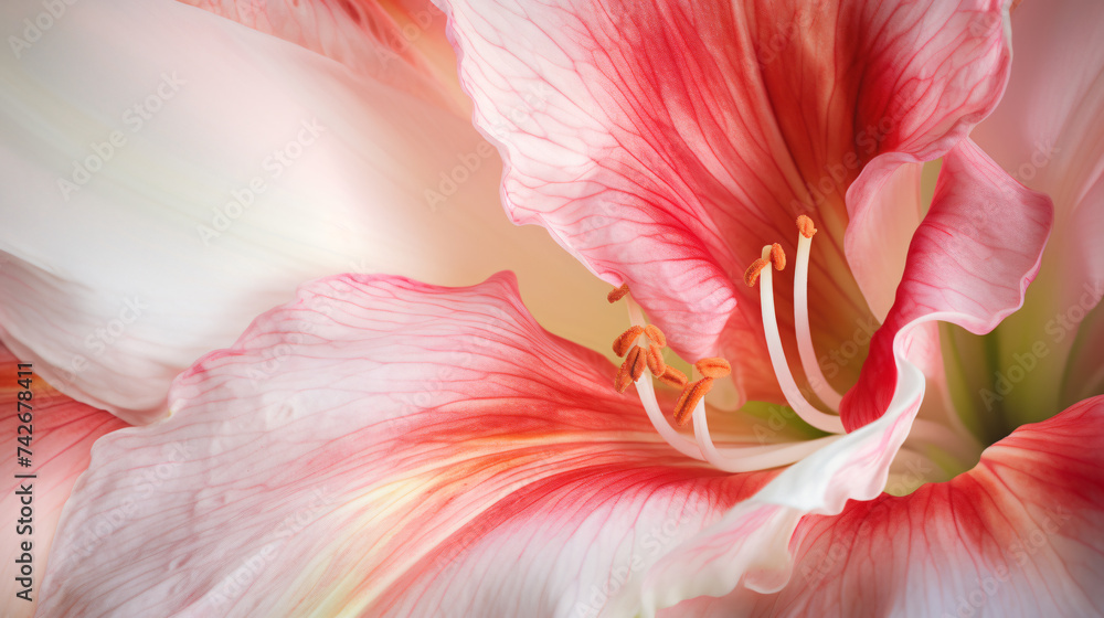 hyper-realistic images capturing abstract patterns created by Amaryllis petals swaying in a gentle breeze. Frame the scenes to emphasize the artistic and organic nature of the Amaryllis blossoms.