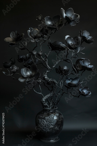 Black silk tulip tree flowers in a black vase against a black background
