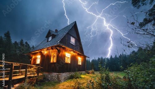 horizontal halloween banner with haunted house and lightnings in scary forest thunderstorm with lightning and abandoned house scary cottage in mysterious forestland photo
