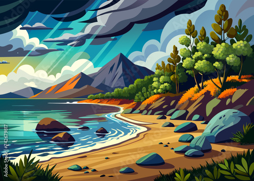 The bank of the river against a background of mountains and cliffs, along the beach lie rocks. Landscape of nature before the storm and rain. Vector illustration