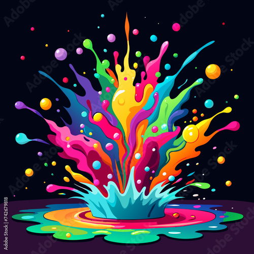 Drops of paint splashed around. An explosion of different colors on a black background. Vector illustration