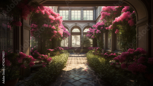 hyper-realistic images of an Azalea grove in an elegant courtyard. Frame the composition to capture the simplicity and beauty of the Azalea, creating a tranquil and cinematic atmosphere.