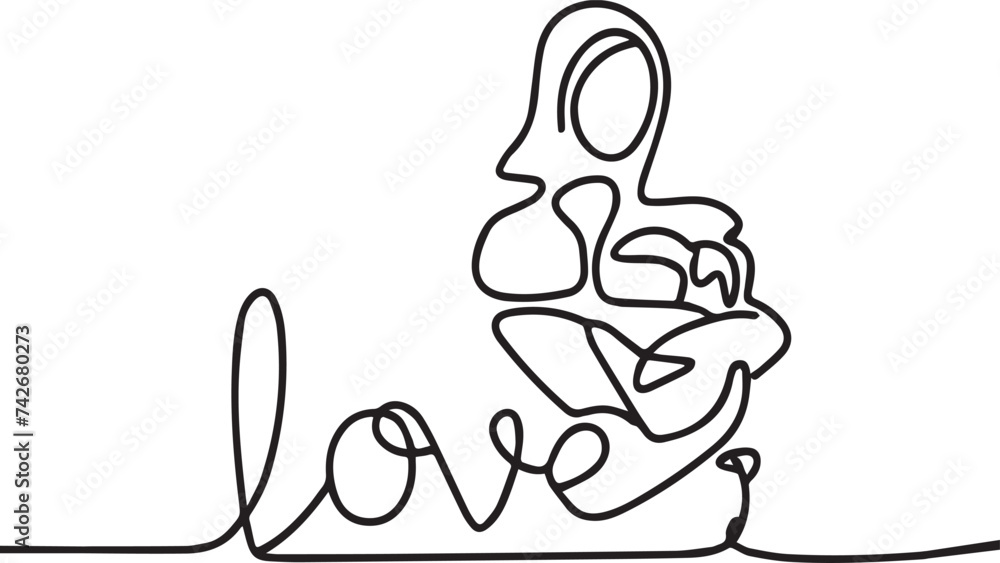 One Line continuous drawing of text love and a Mother holding a baby One Line continuous drawing of text love and a Mother holding a baby