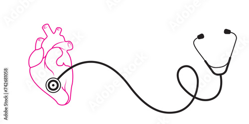 
Stethoscope,heart organ,Health care World Day medical science research doctor nurse equipment design concept silhouette one line art sketch.vector eps