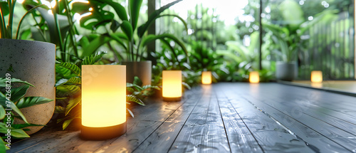 Garden scene with burning candles among green leaves  setting a tranquil and romantic ambiance at night