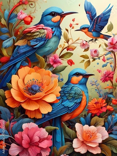 Fantastic birds and flowers. Cover of a children's book, magazine, booklet or poster. Floral background. © anastasiya