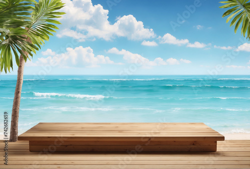 wood table empty in a beach with palm trees for products mockup