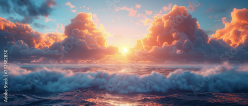 waves and clouds in the rays of the setting or rising sun