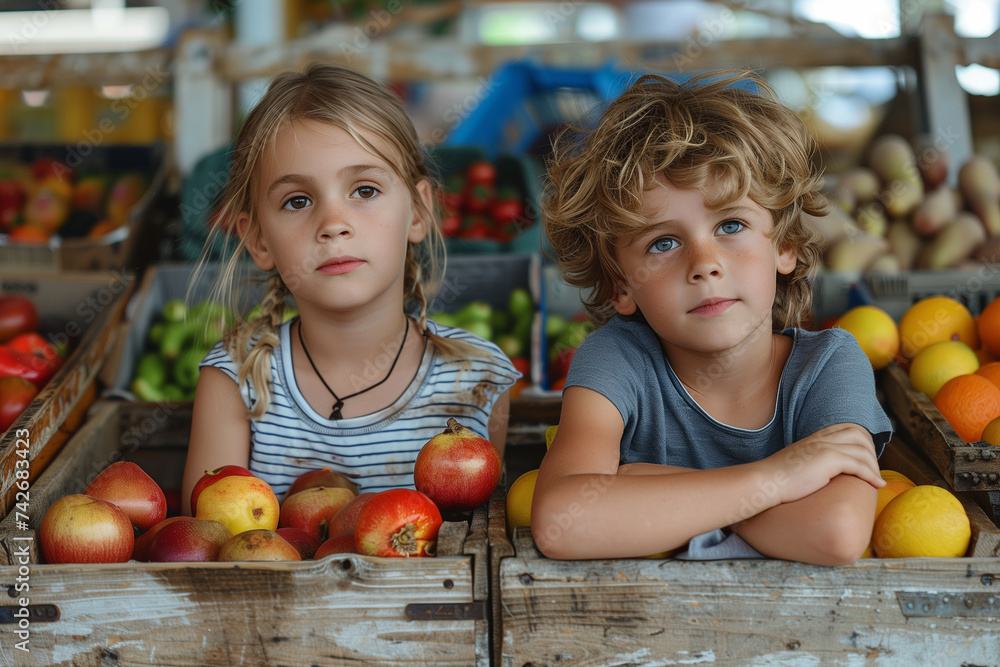Fototapeta premium neural network sees a boy and a girl in boxes with fruits